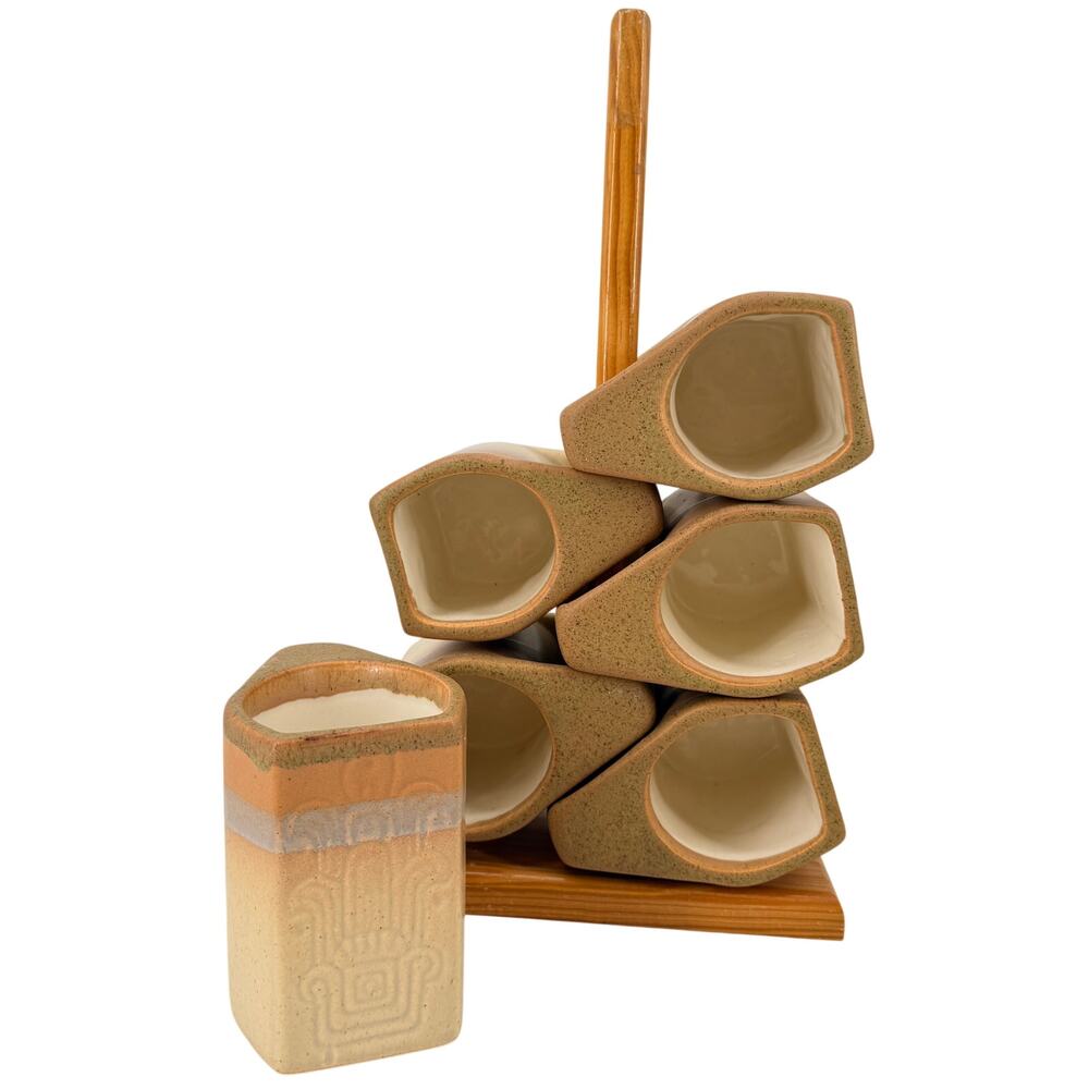 Rodolfo Padilla Drip Glaze Mug Set 6 Mugs Wooden Holder Vintage Pottery